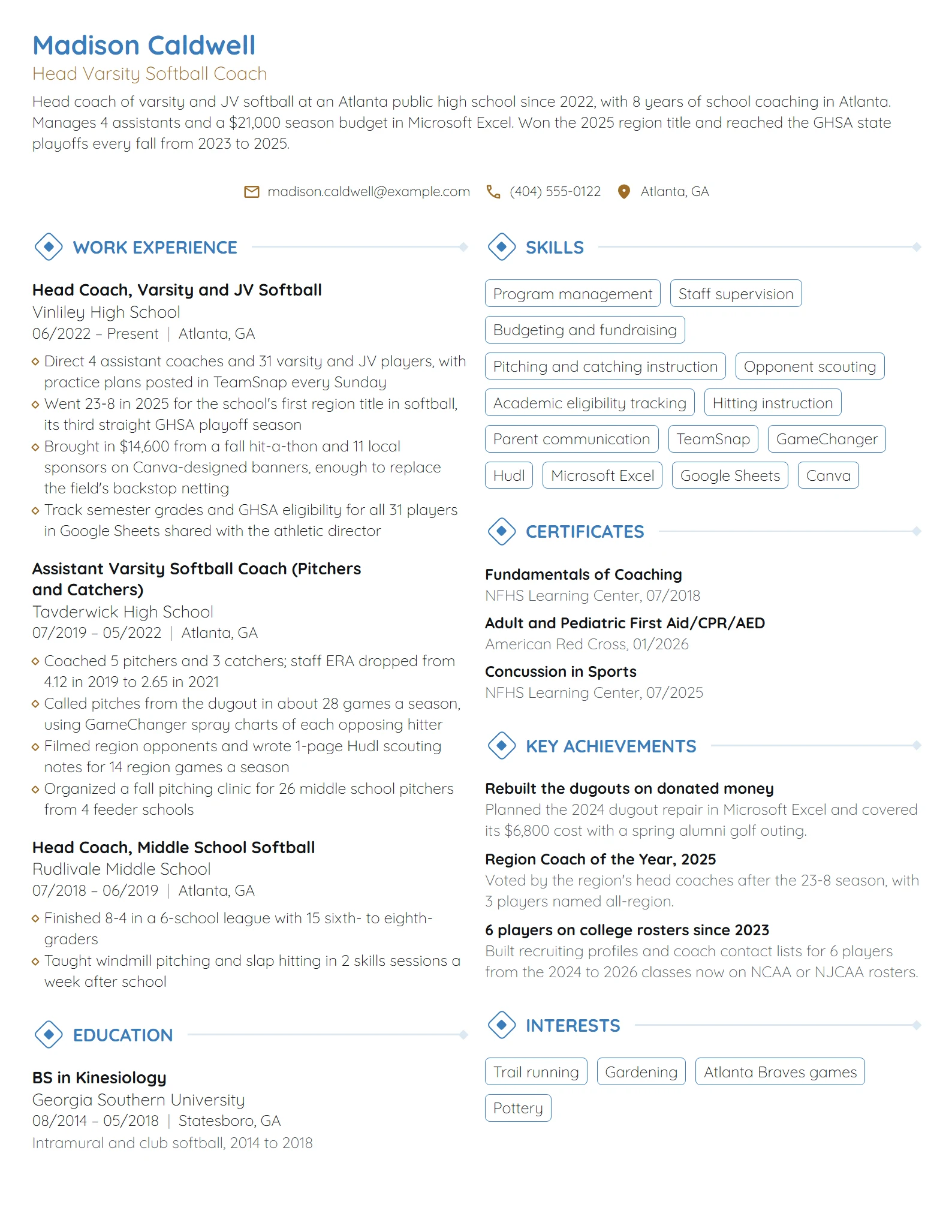Head Coach resume example