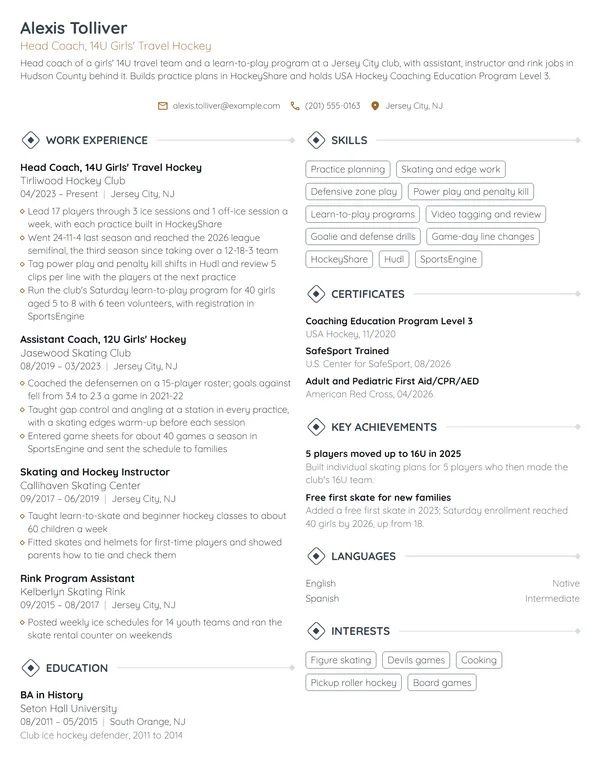 Hockey Coach resume example