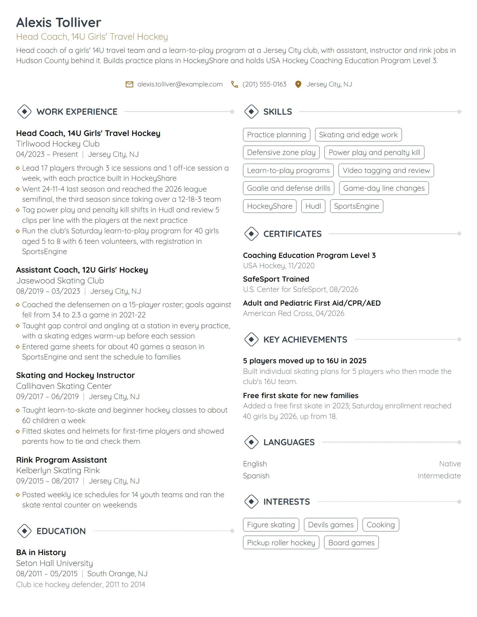 Hockey Coach resume example