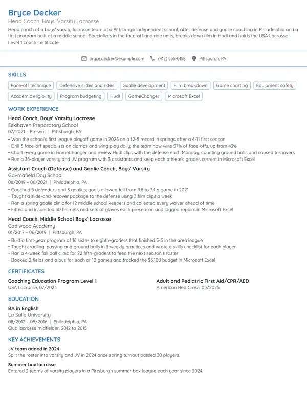 Lacrosse Coach resume example