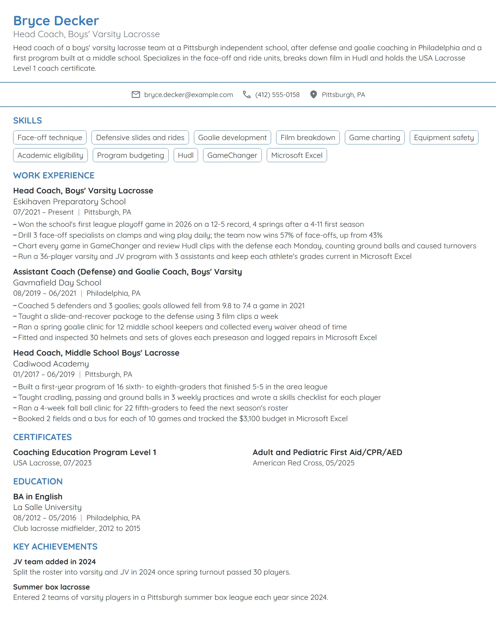 Lacrosse Coach resume example