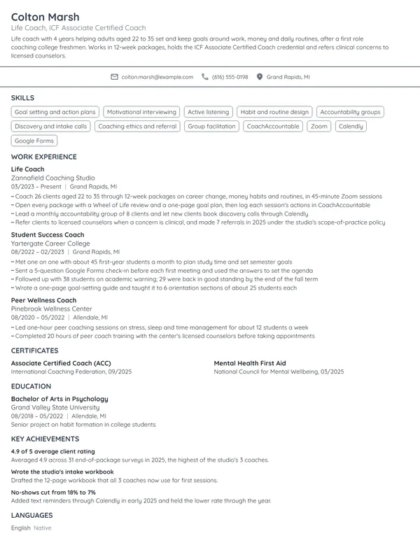 Life Coach resume example