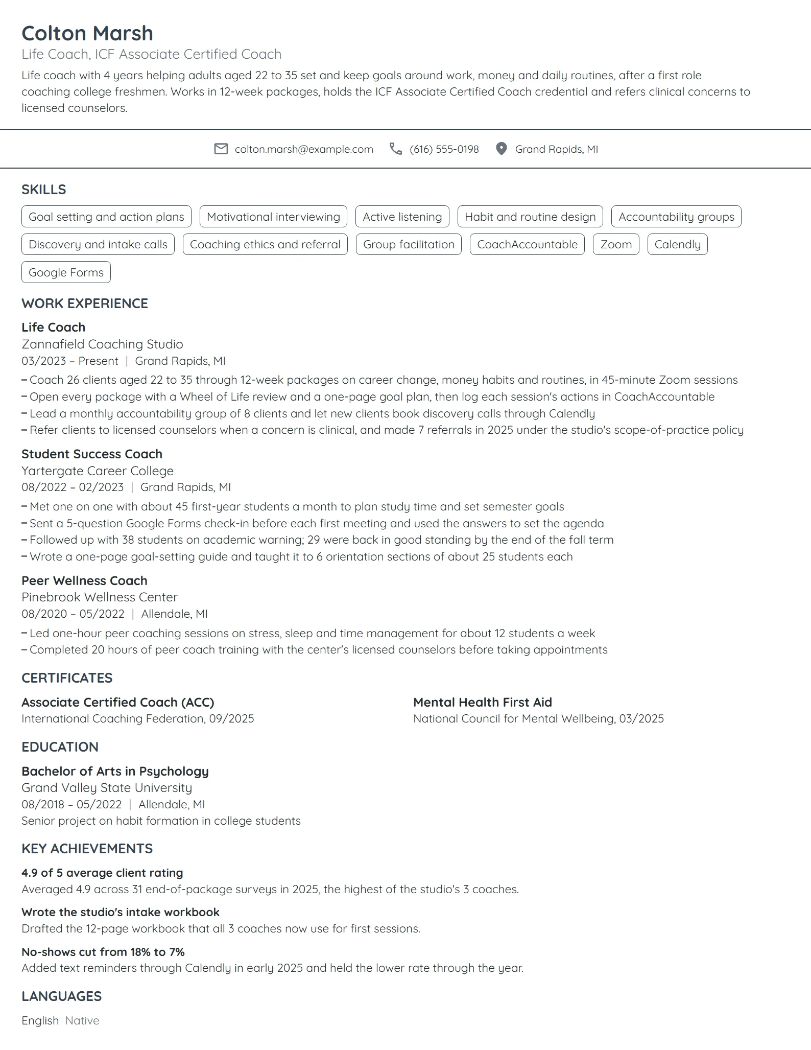 Life Coach resume example