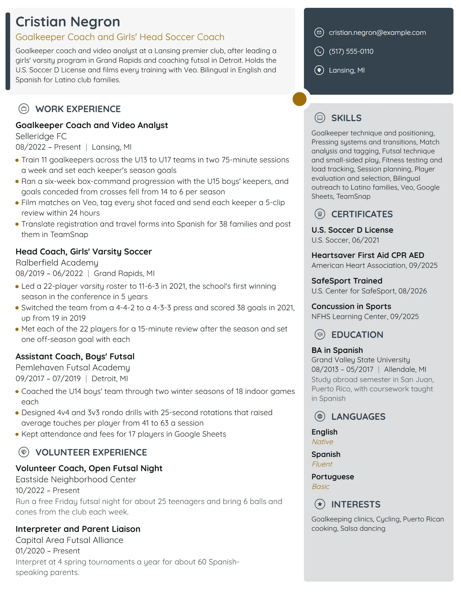 Soccer Coach resume example