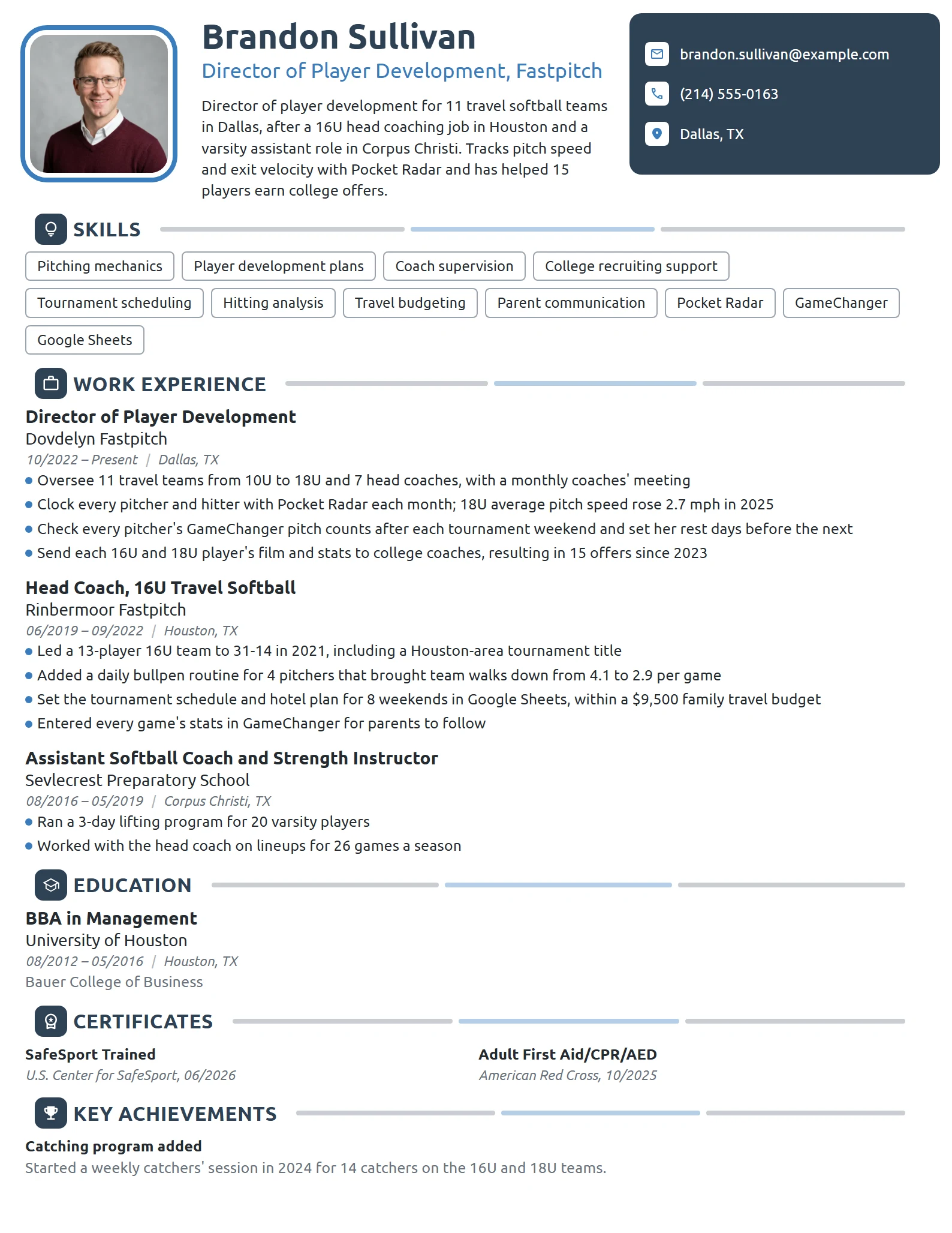 Softball Coach resume example