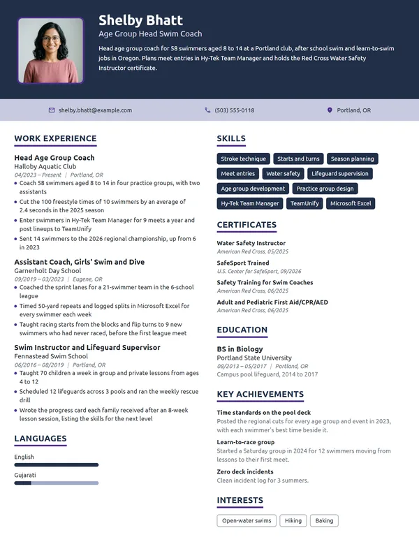 Swim Coach resume example