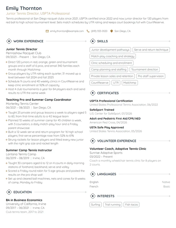 Tennis Coach resume example