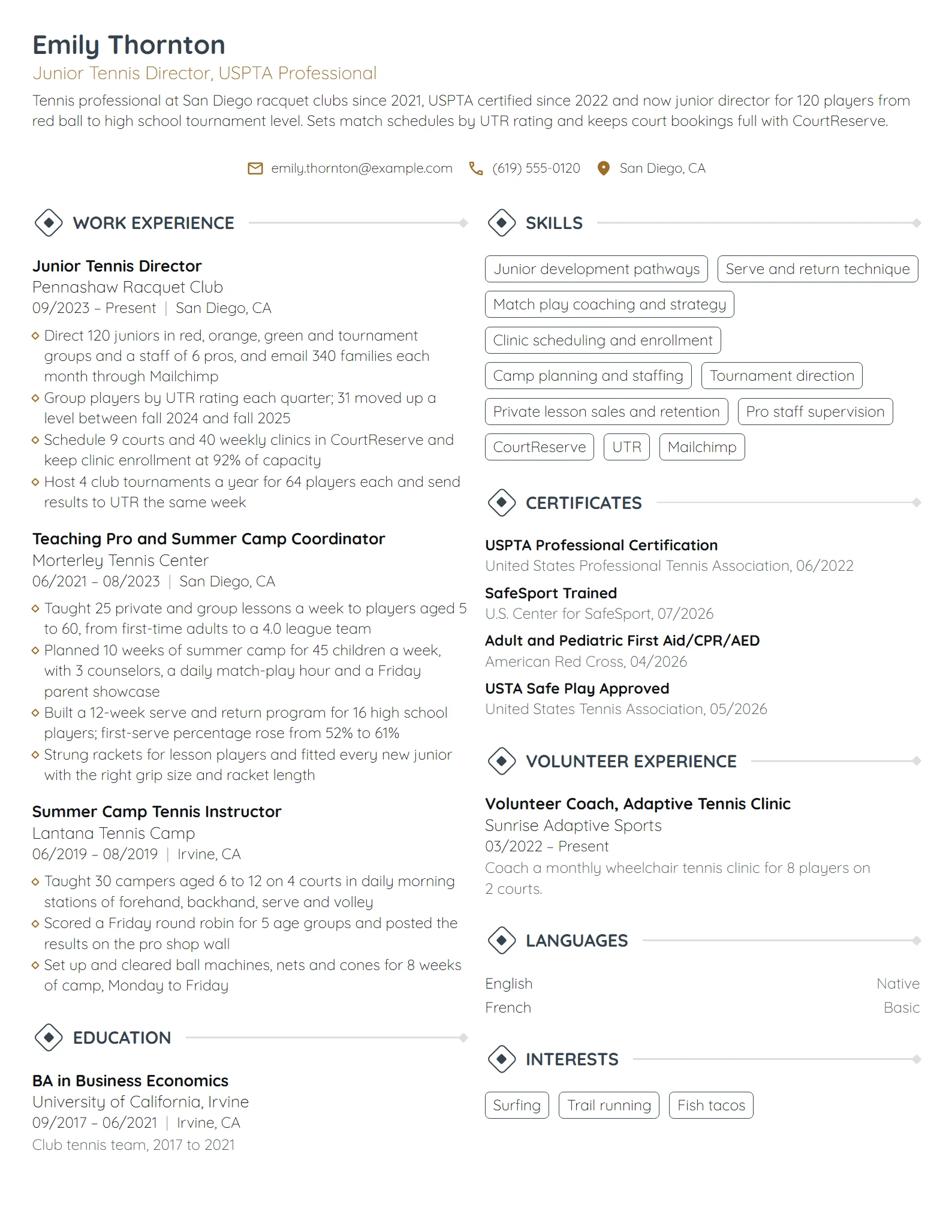Tennis Coach resume example