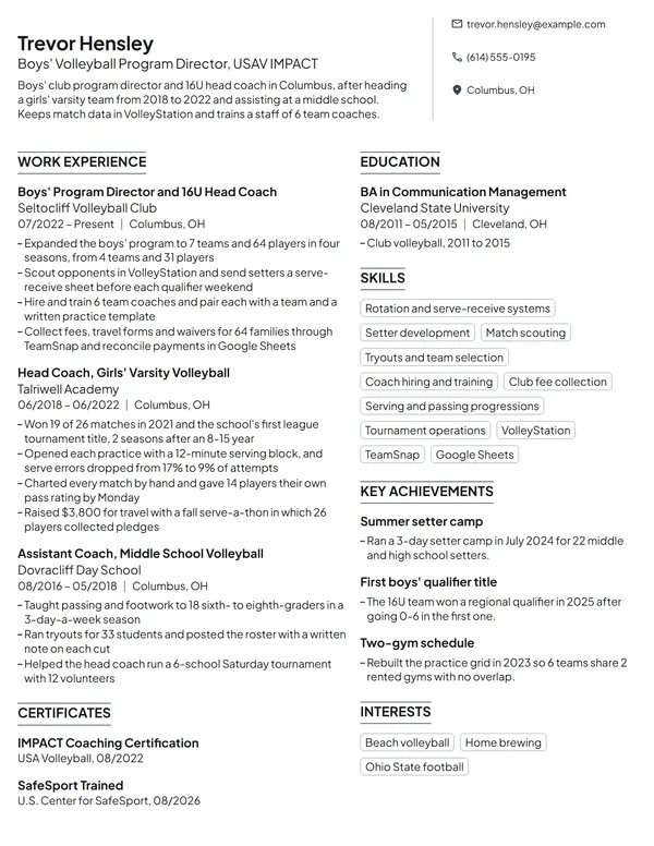 Volleyball Coach resume example