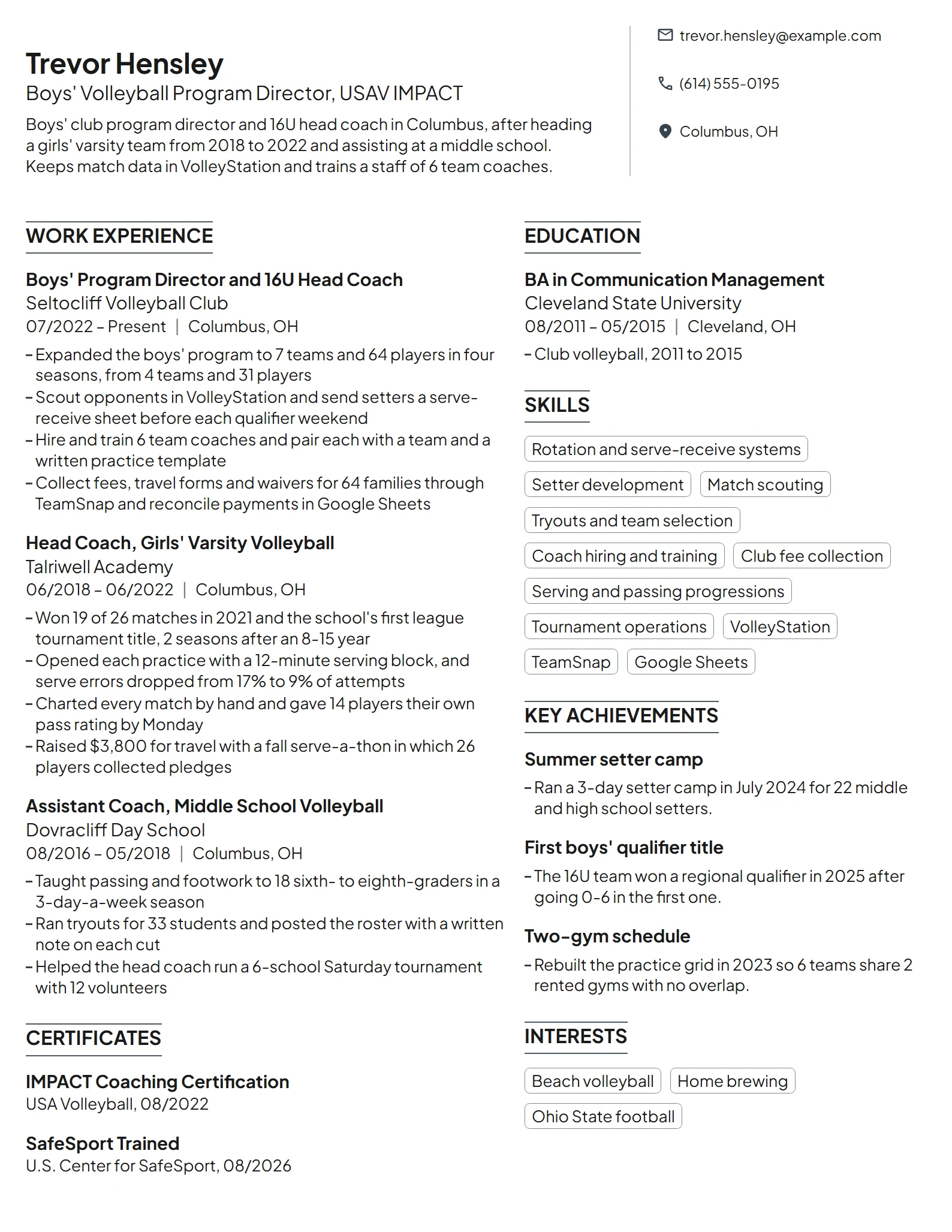 Volleyball Coach resume example
