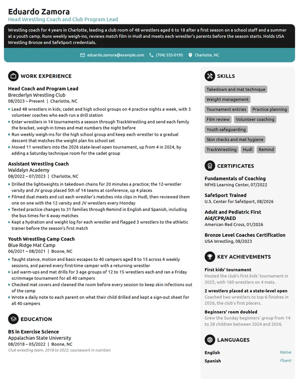 Wrestling Coach resume example