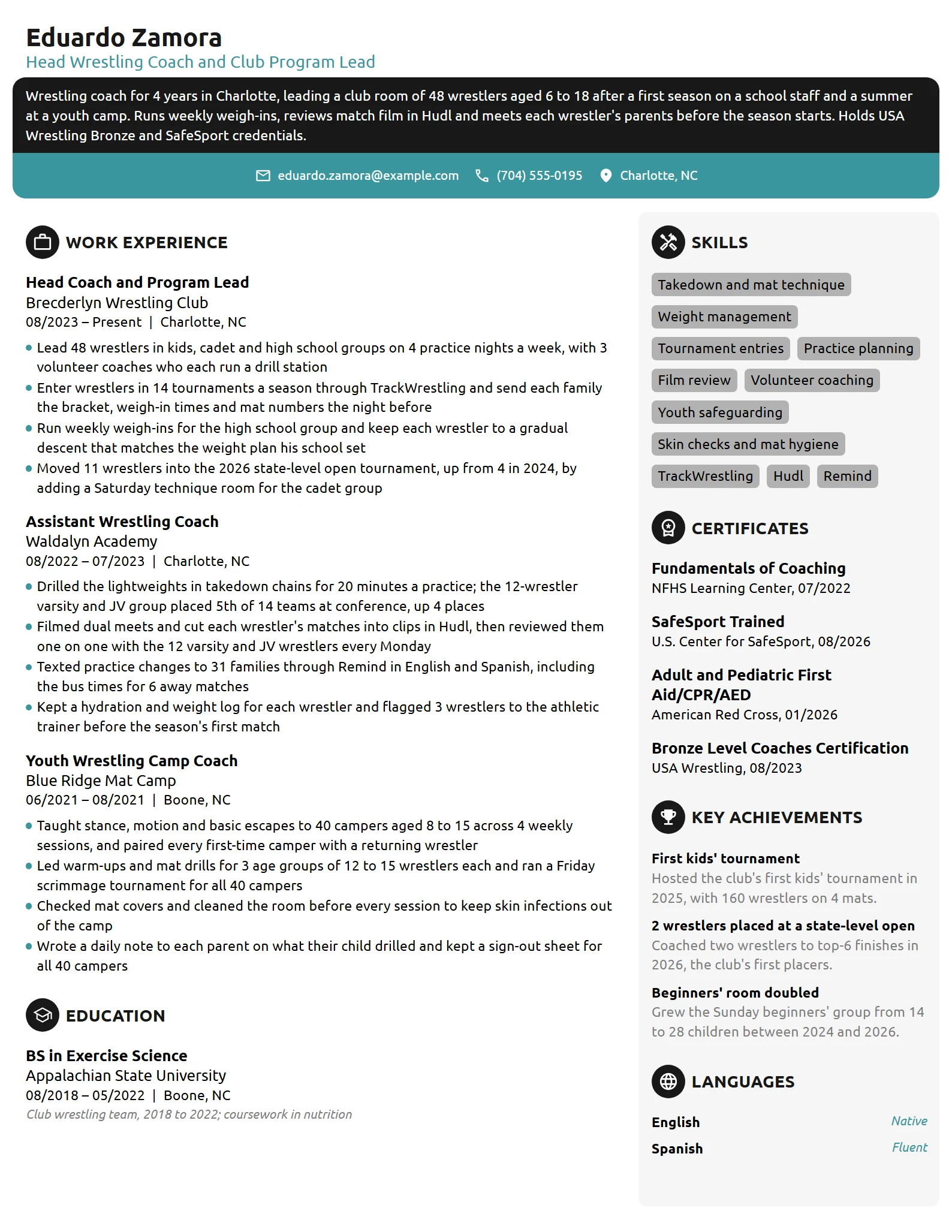 Wrestling Coach resume example