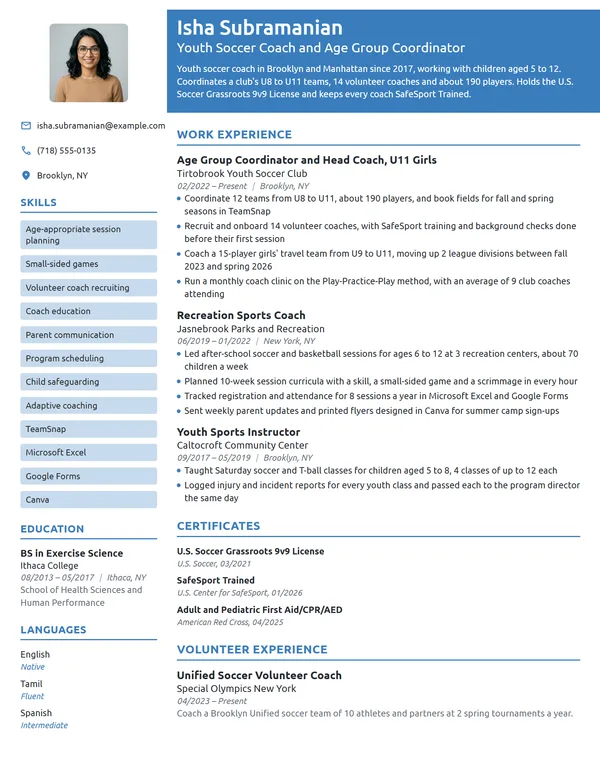 Youth Sports Coach resume example