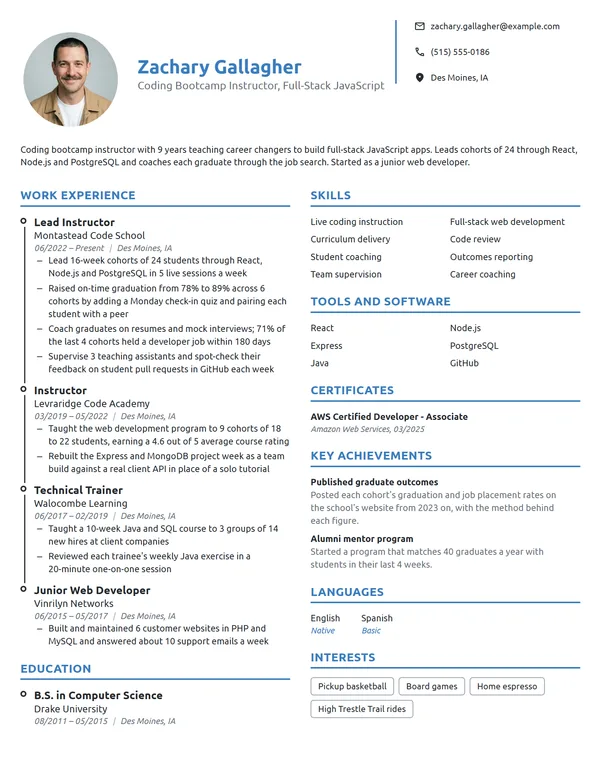 Coding Bootcamp Instructor resume example