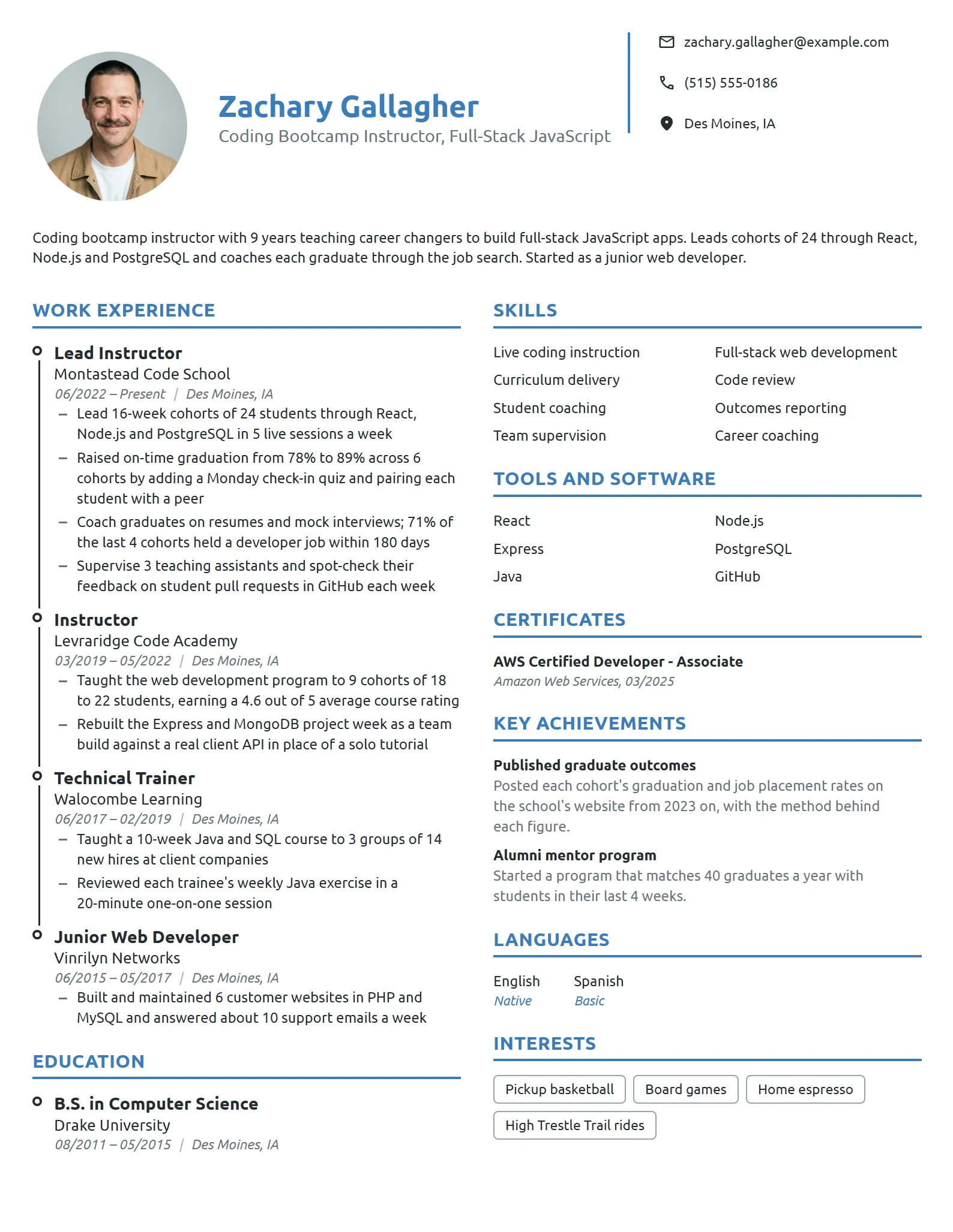 Coding Bootcamp Instructor resume example