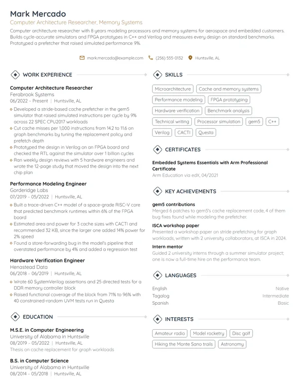 Computer Architecture Researcher resume example