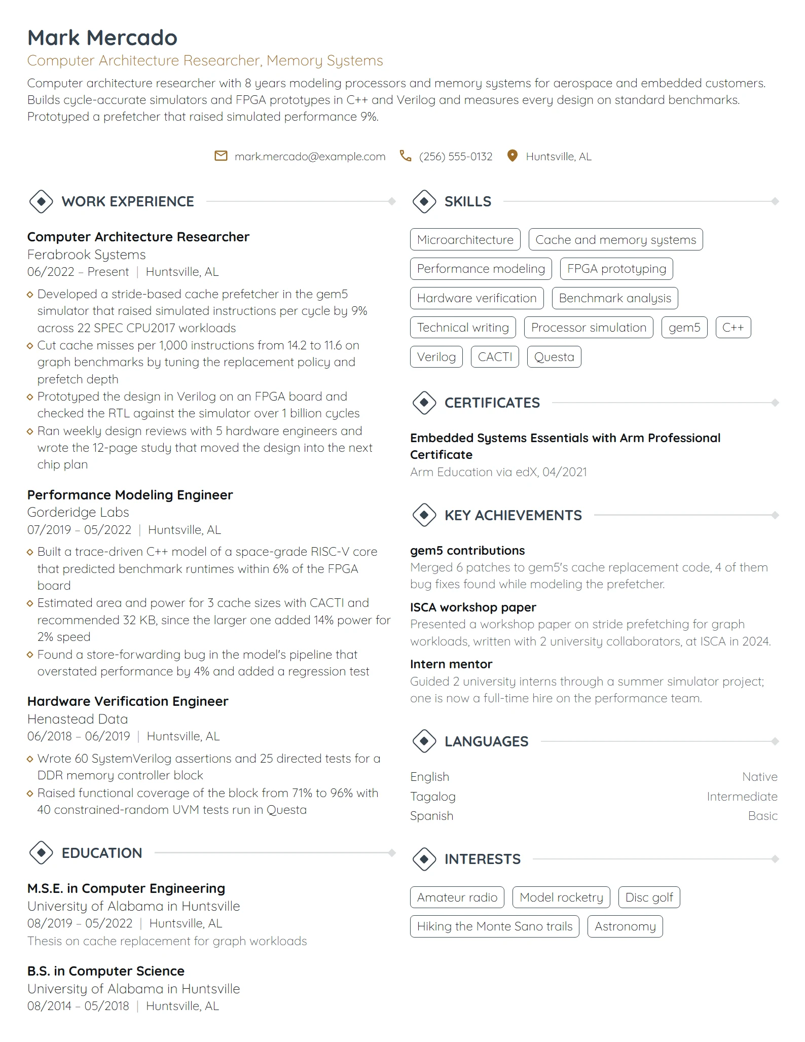 Computer Architecture Researcher resume example