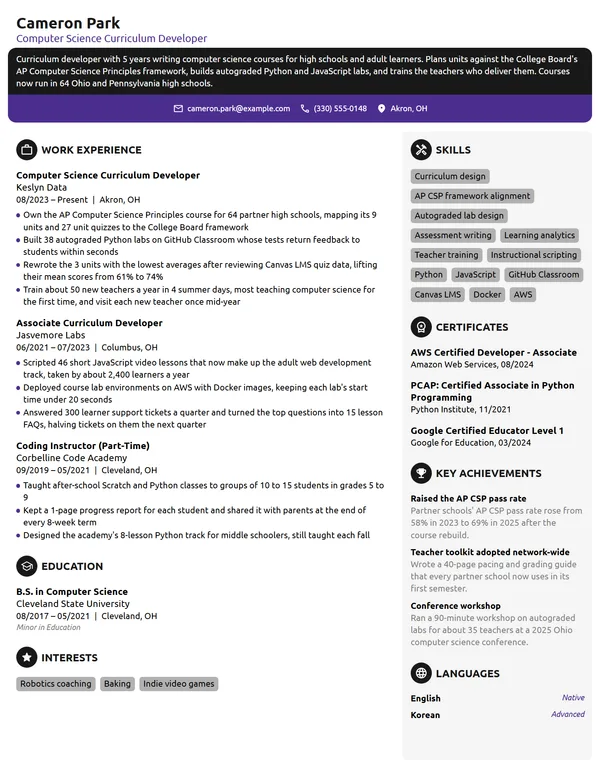 Computer Science Curriculum Developer resume example