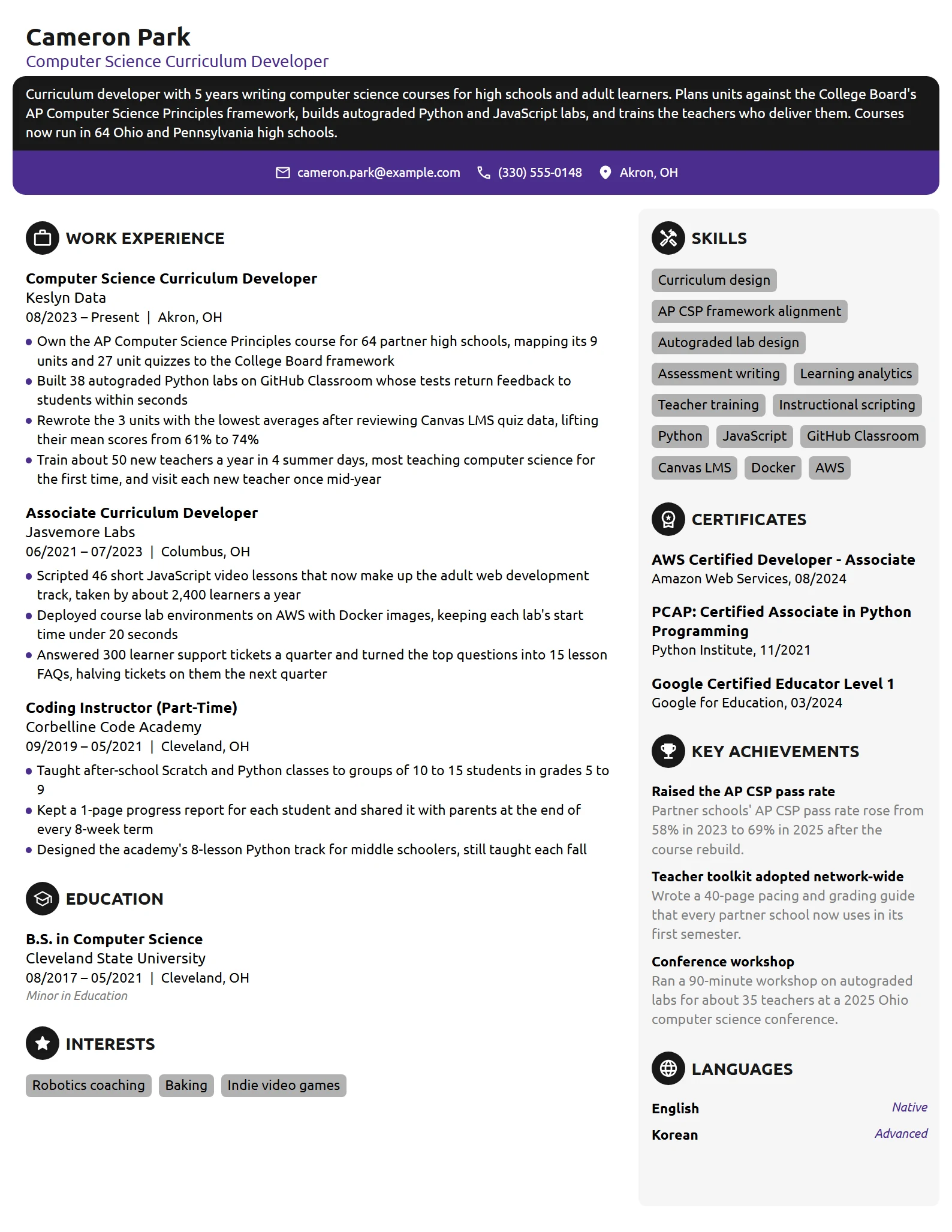Computer Science Curriculum Developer resume example