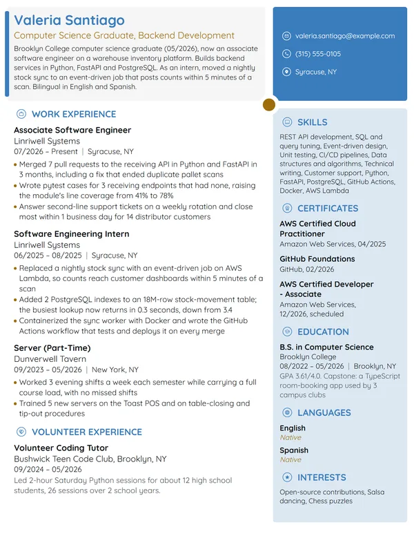 Computer Science Graduate resume example