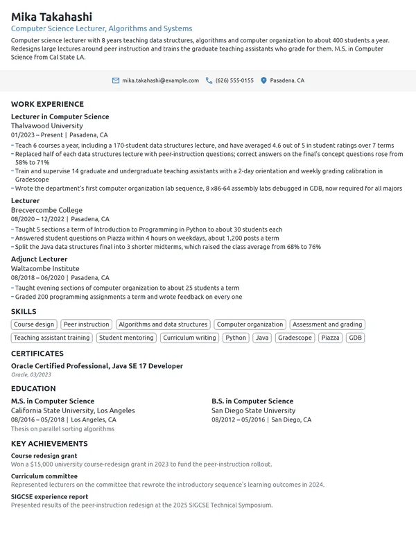 Computer Science Lecturer resume example