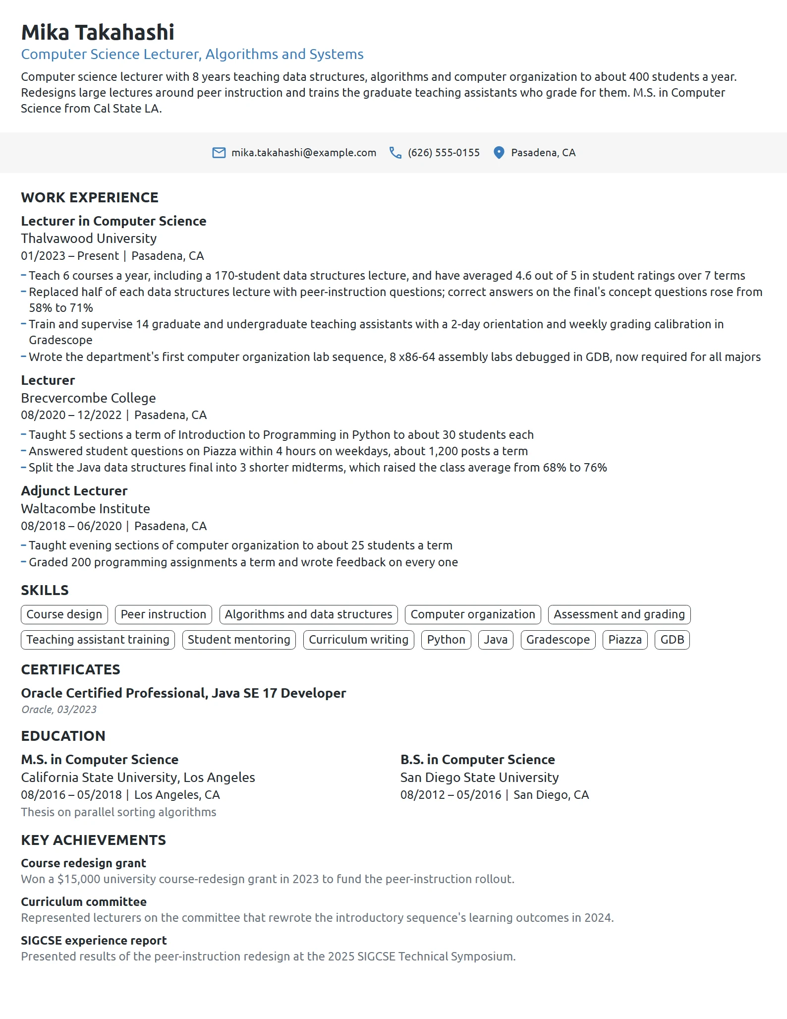 Computer Science Lecturer resume example