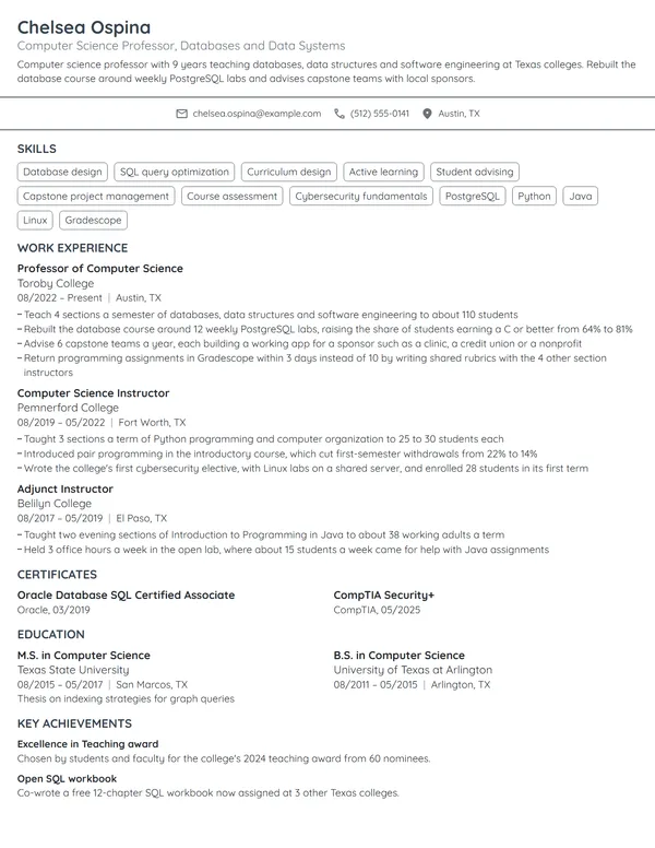 Computer Science Professor resume example