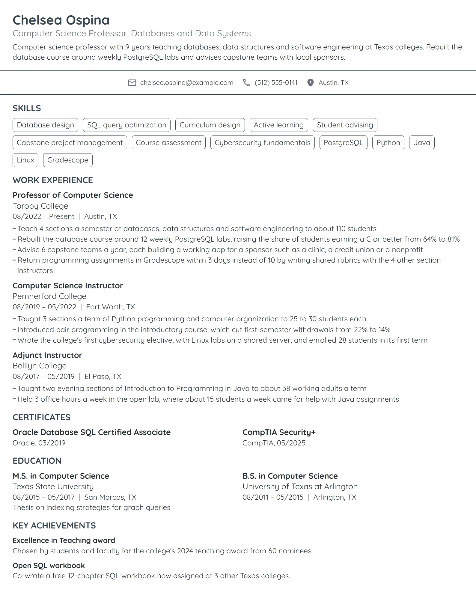 Computer Science Professor resume example