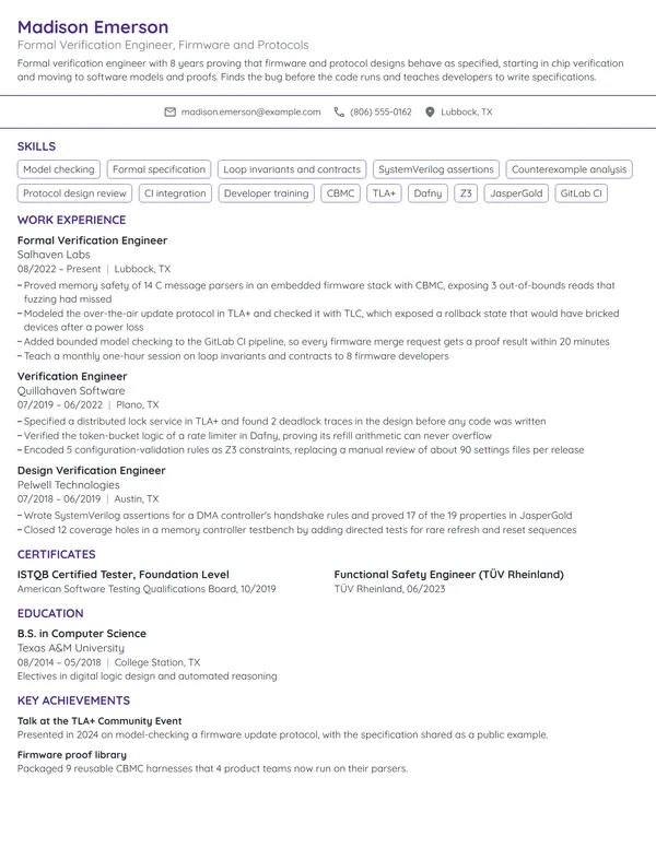 Formal Verification Engineer resume example