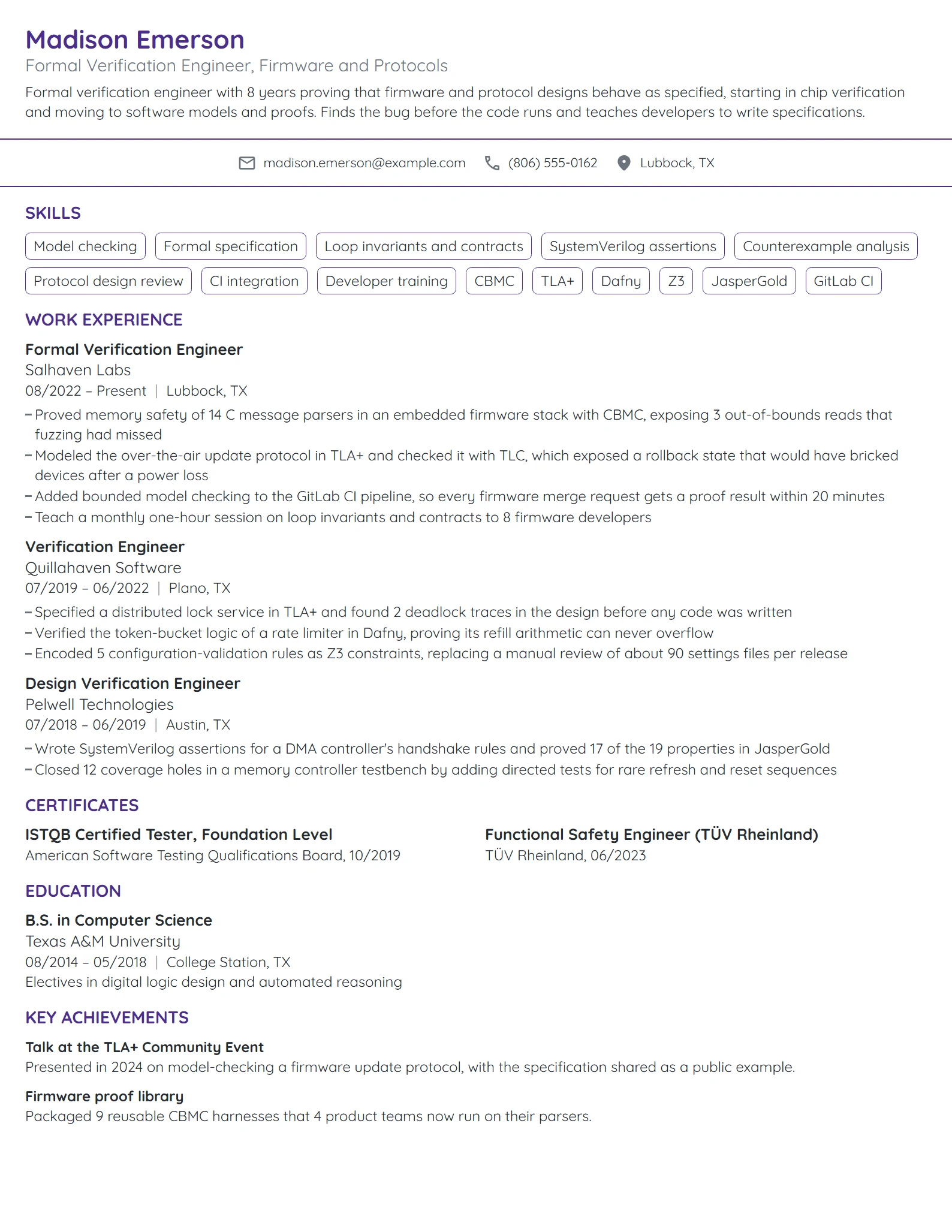 Formal Verification Engineer resume example