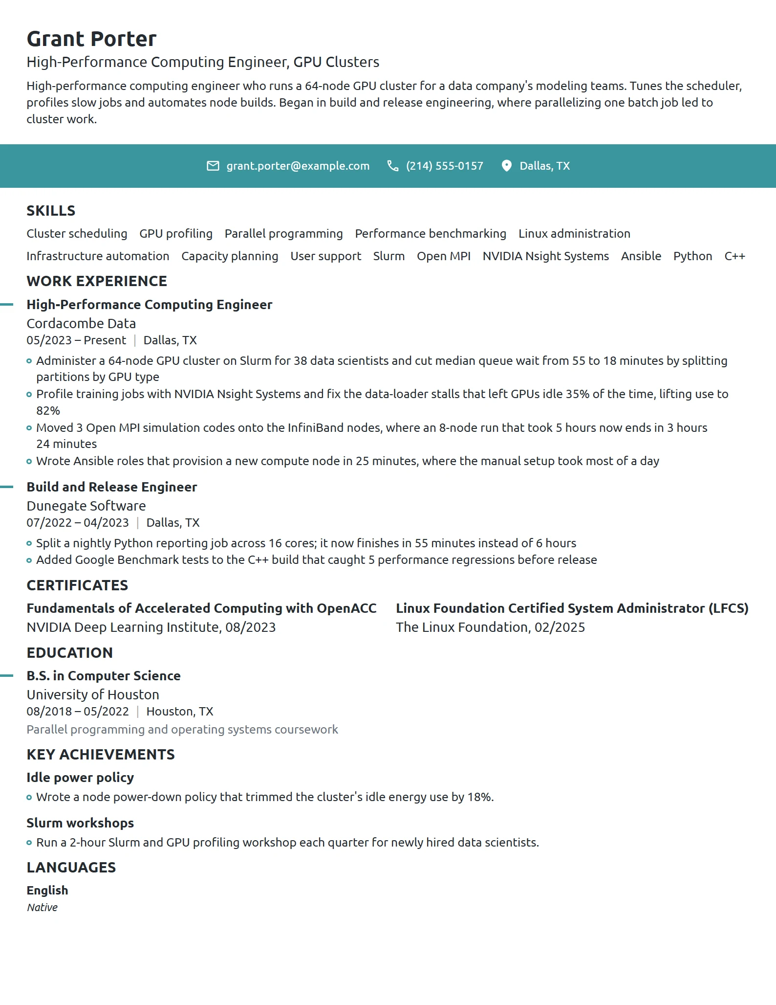 High-Performance Computing Engineer resume example