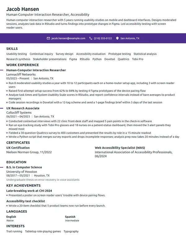 Human-Computer Interaction Researcher resume example