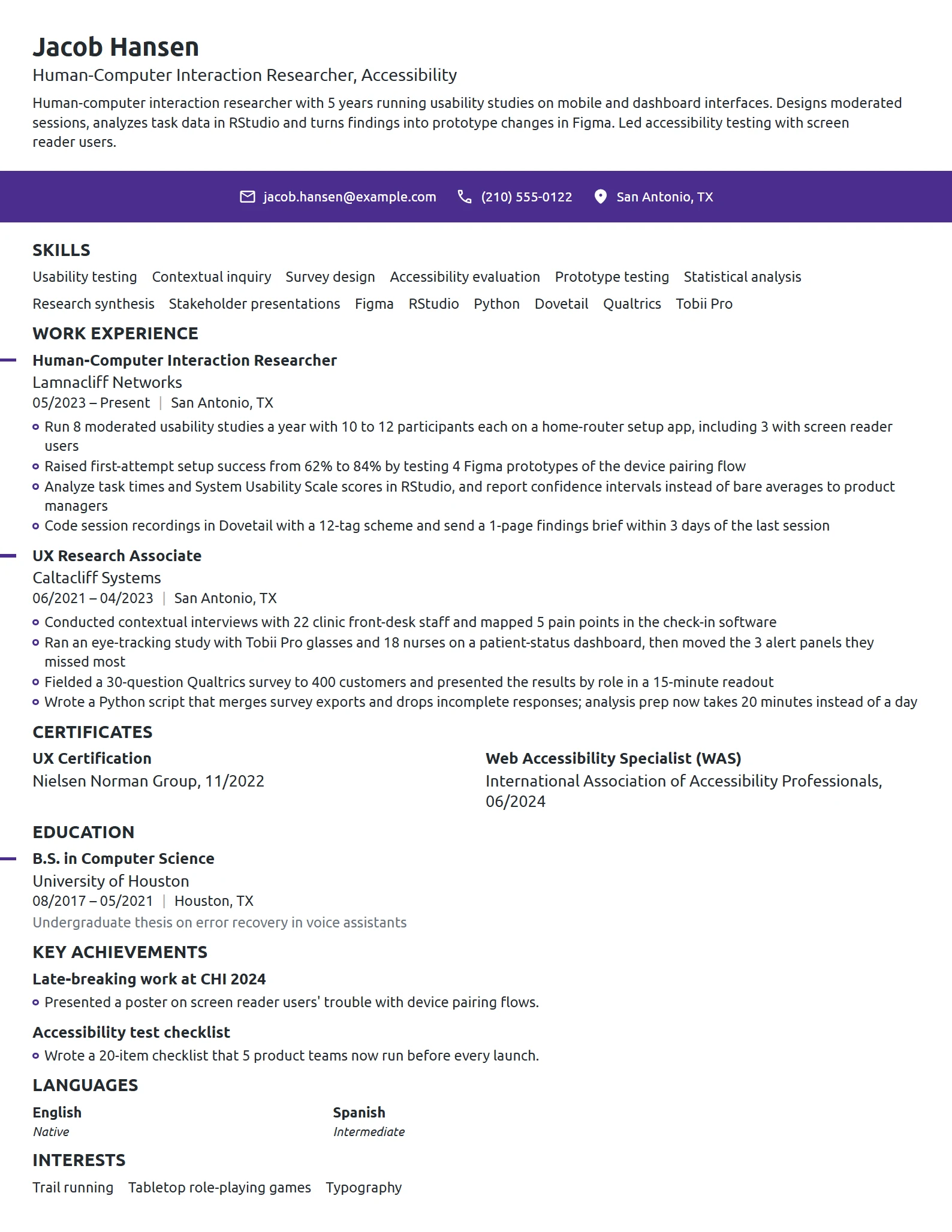 Human-Computer Interaction Researcher resume example