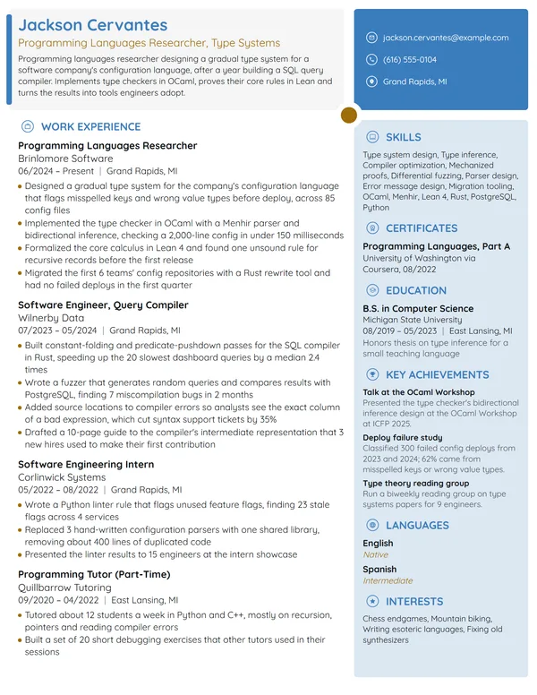 Programming Languages Researcher resume example
