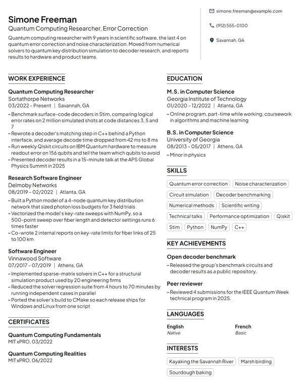 Quantum Computing Researcher resume example