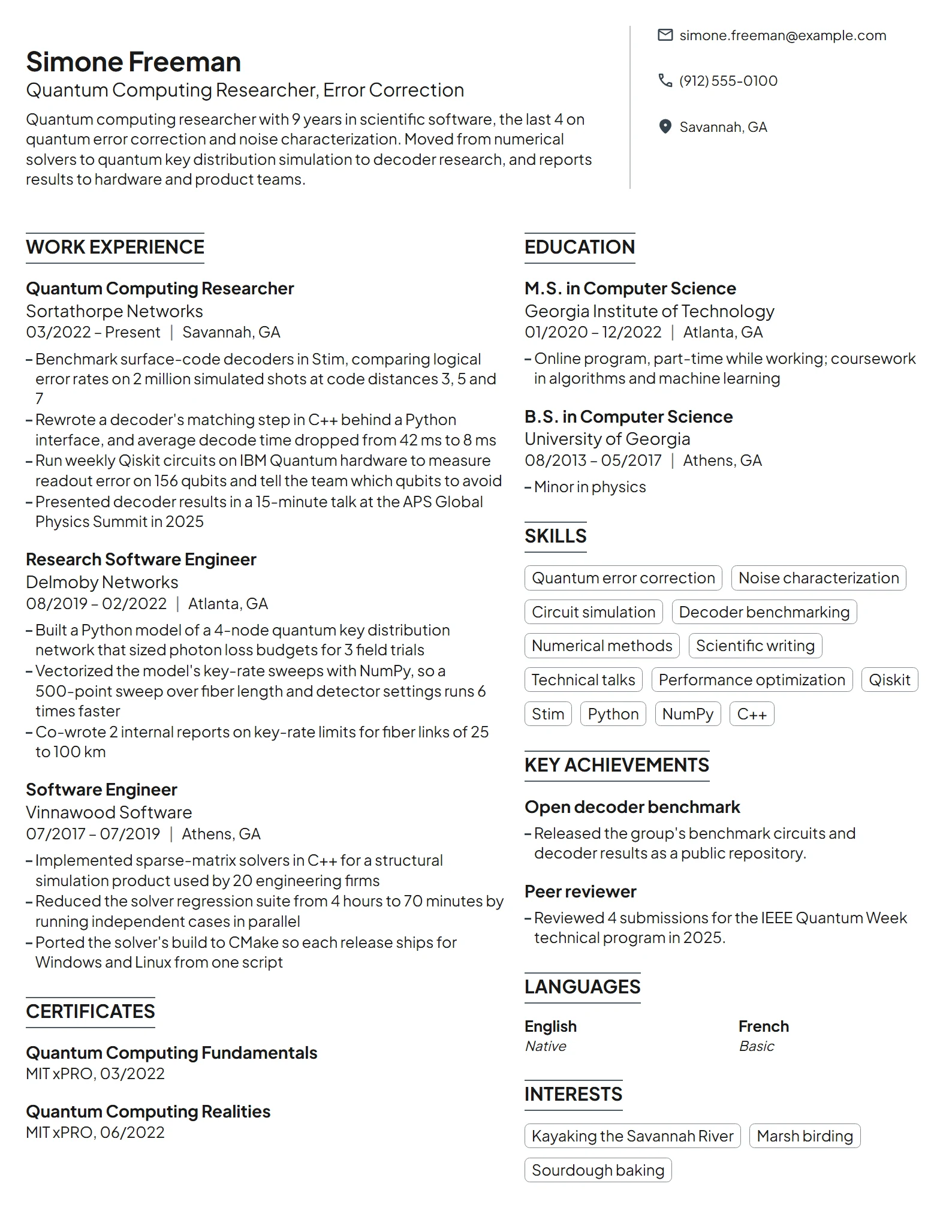 Quantum Computing Researcher resume example