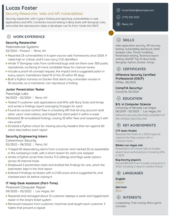 Security Researcher resume example