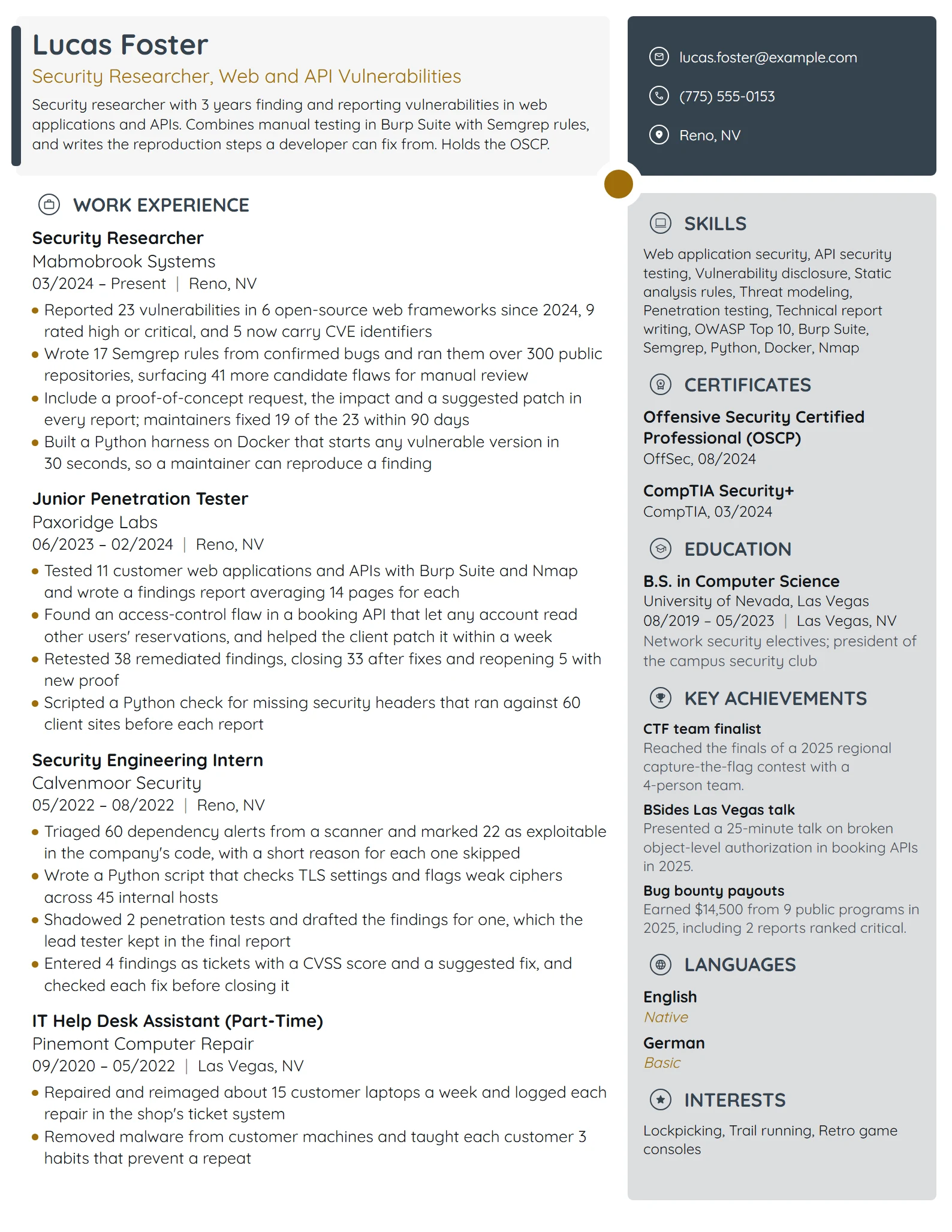 Security Researcher resume example