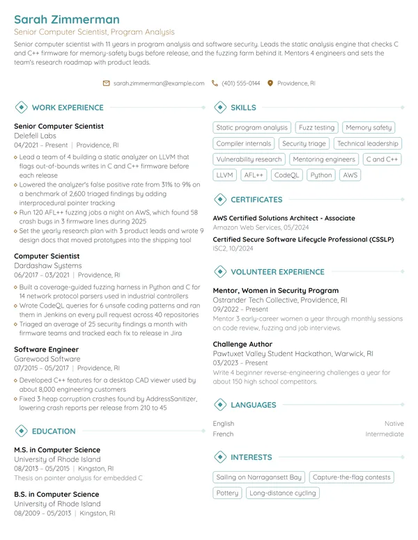 Senior Computer Scientist resume example