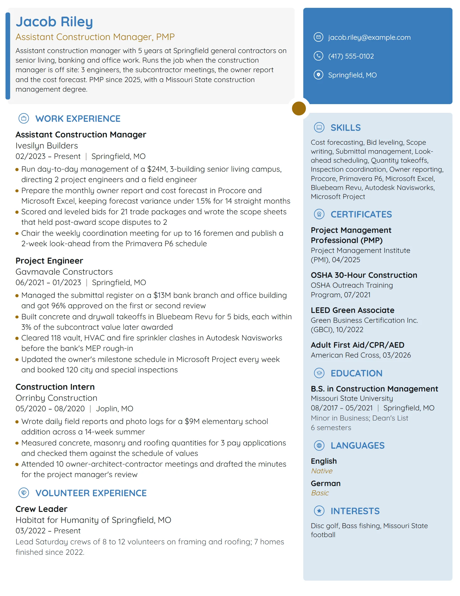 Assistant Construction Manager resume example