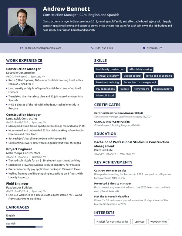 Bilingual Construction Manager resume example