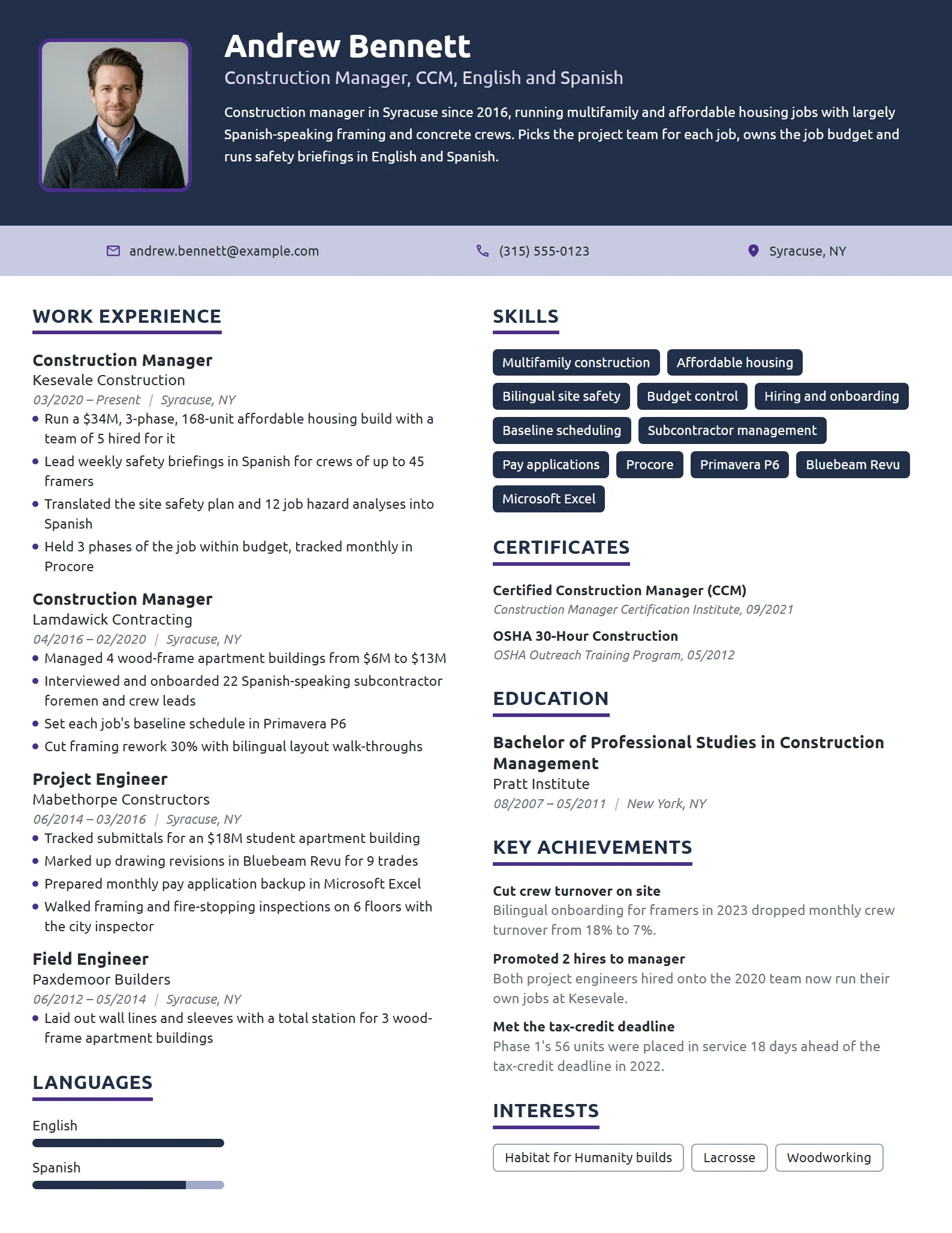 Bilingual Construction Manager resume example