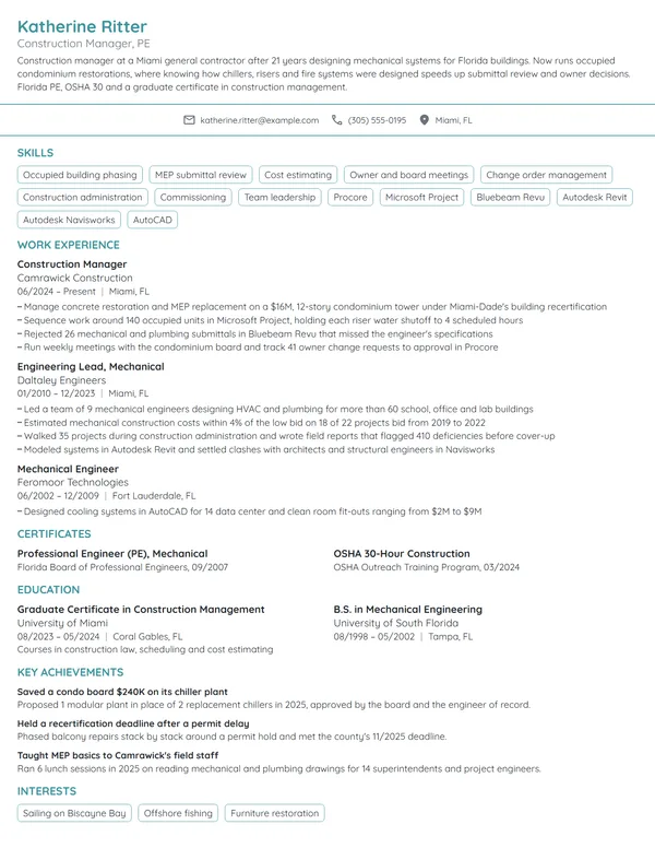 Career Change Construction Manager resume example