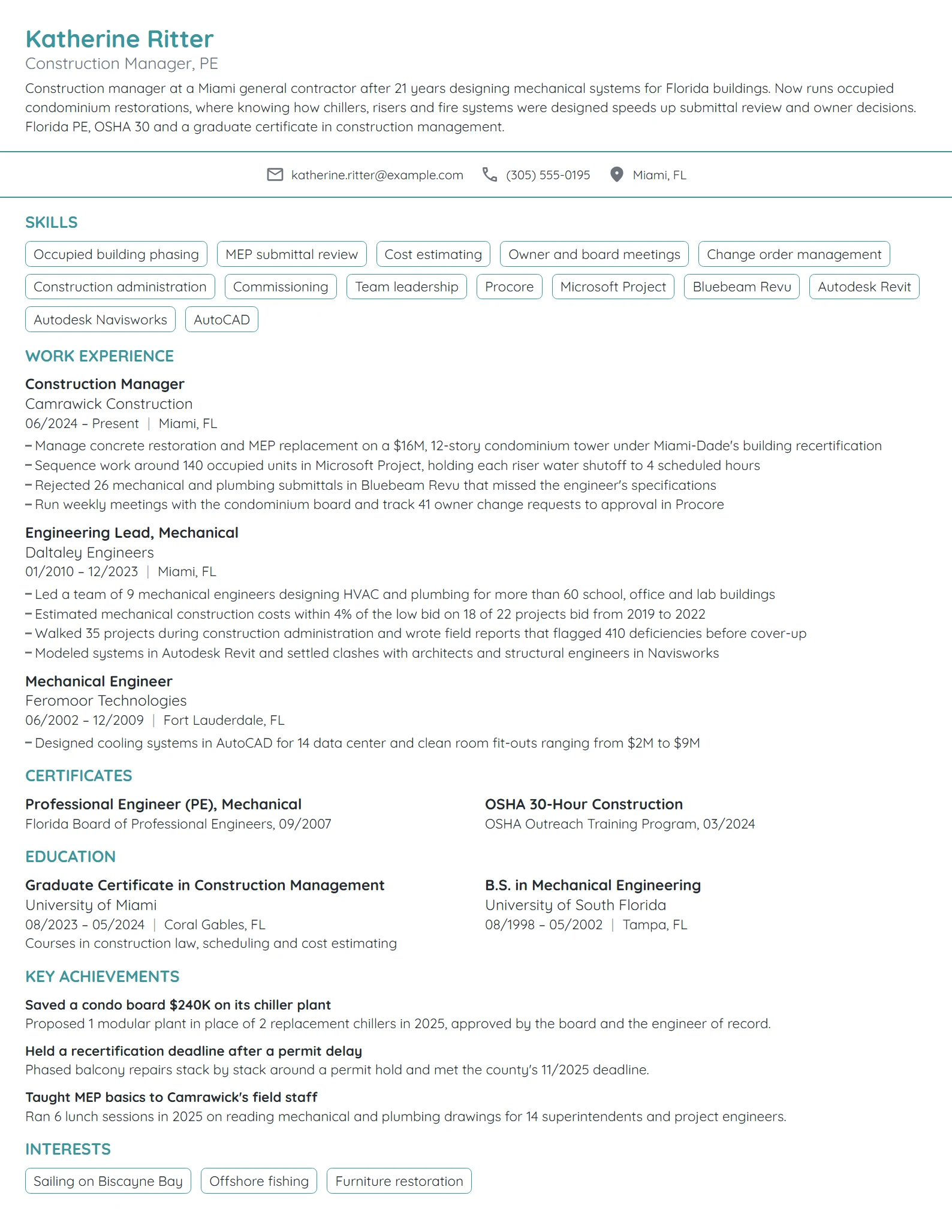 Career Change Construction Manager resume example
