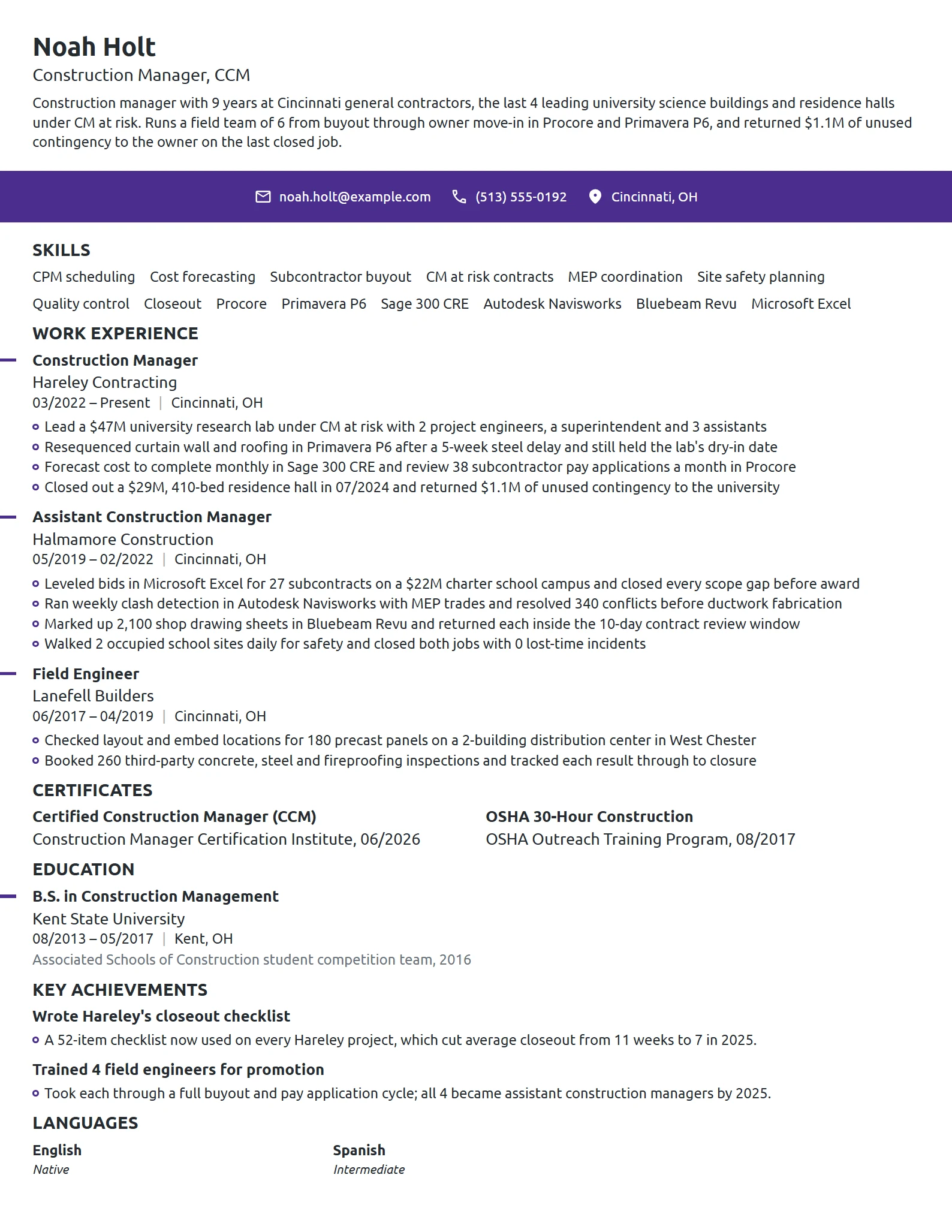 Construction Manager resume example