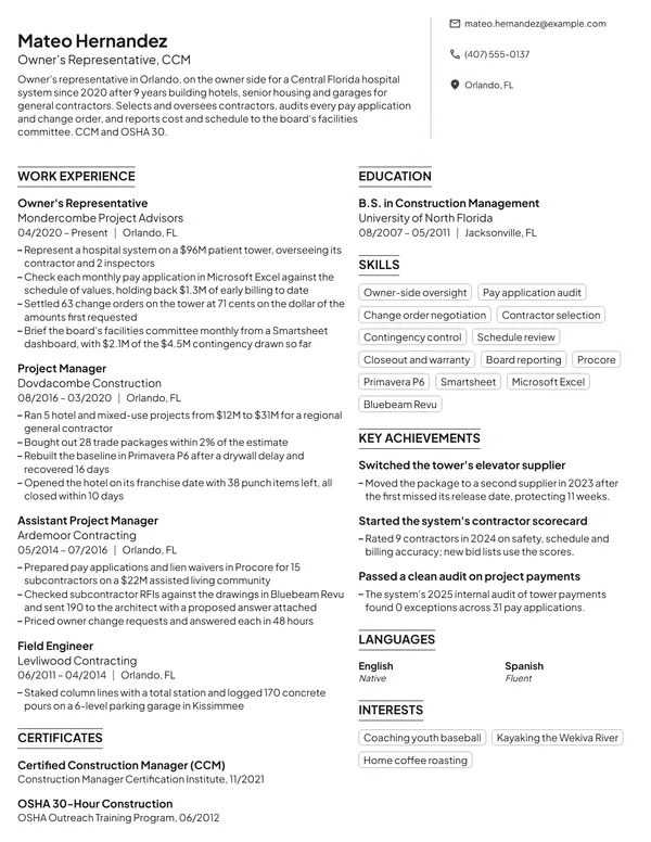 Owner's Representative resume example