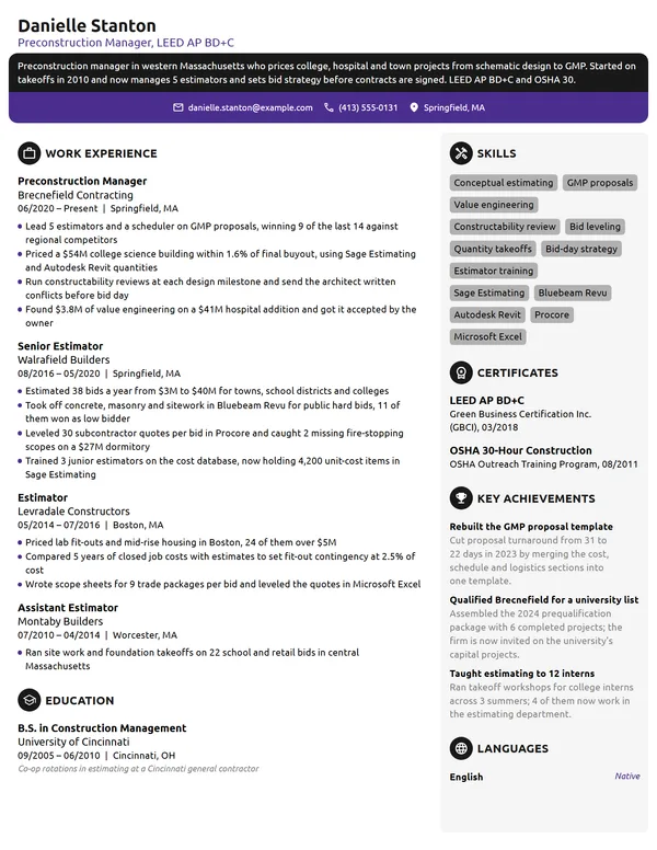 Preconstruction Manager resume example