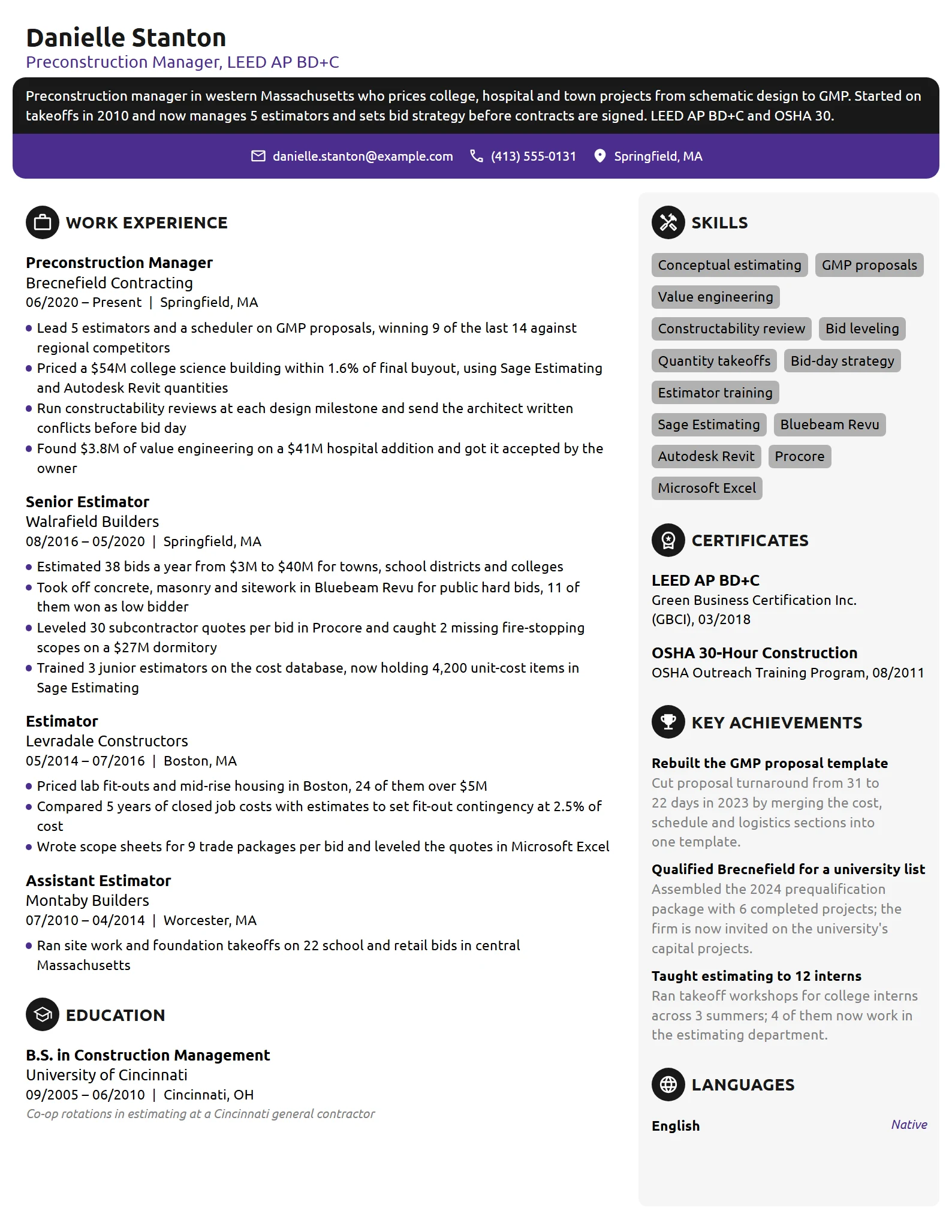 Preconstruction Manager resume example