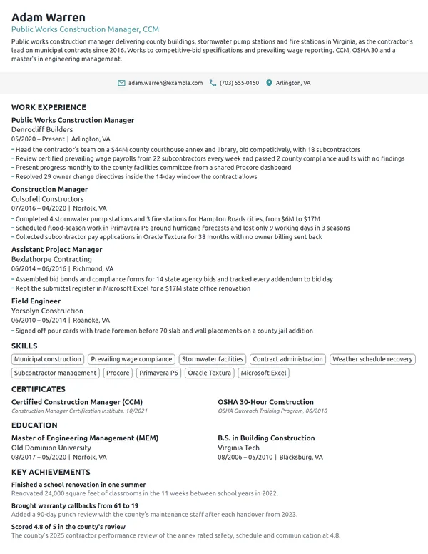 Public Works Construction Manager resume example