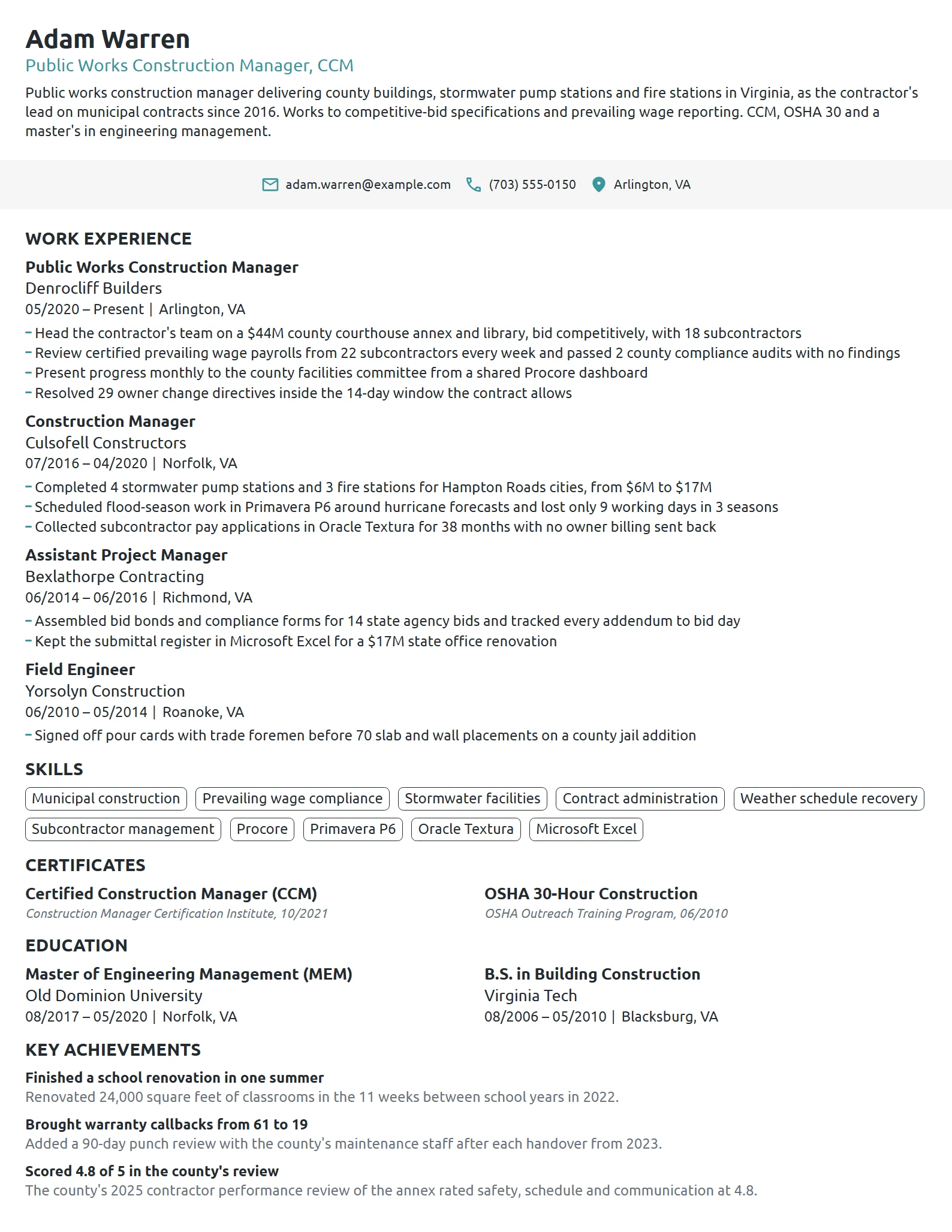 Public Works Construction Manager resume example